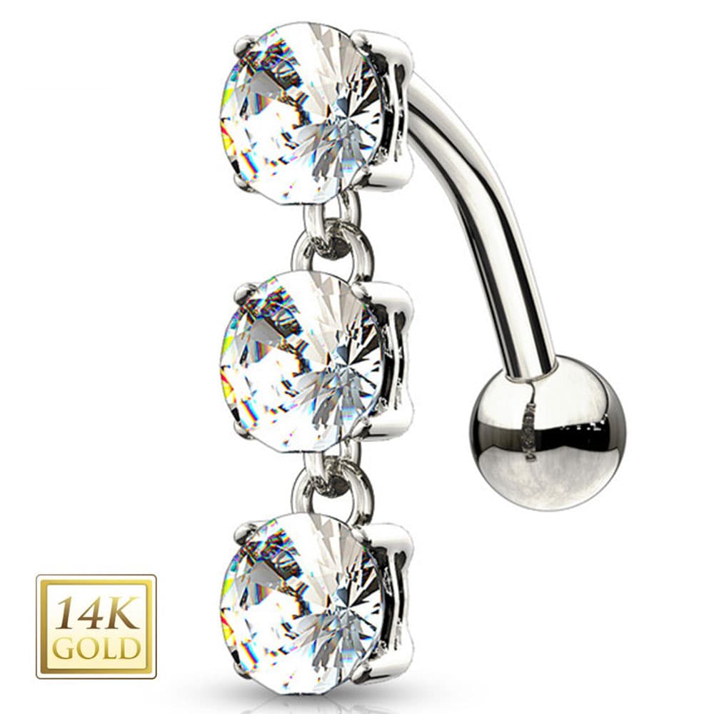 14K Solid Gold 14 Gauge Reverse Belly Ring with Triple CZ Drop - photo 3