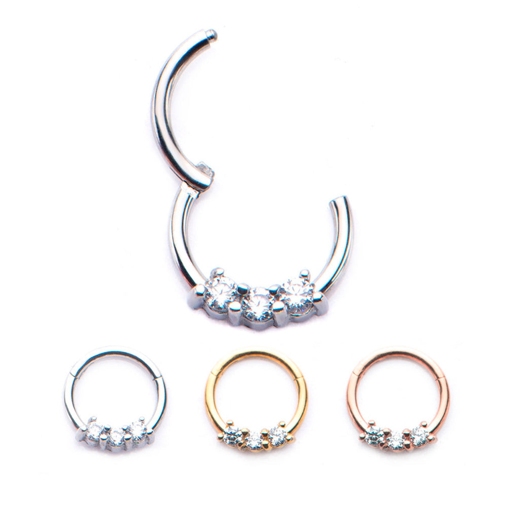Surgical Steel 16 Gauge Triple CZ Hinged Clicker Segment Ring - 8mm