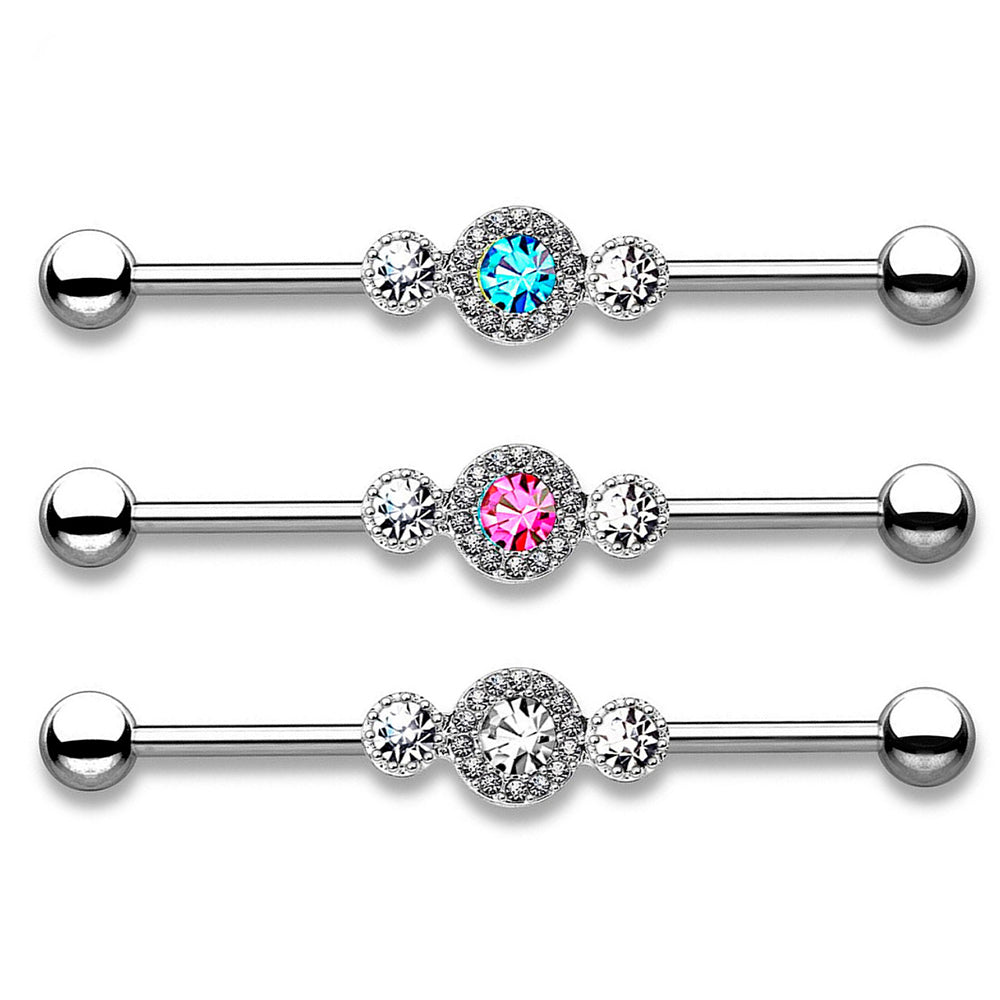 Surgical Steel 14 Gauge Industrial Barbell with Paved Triple CZ