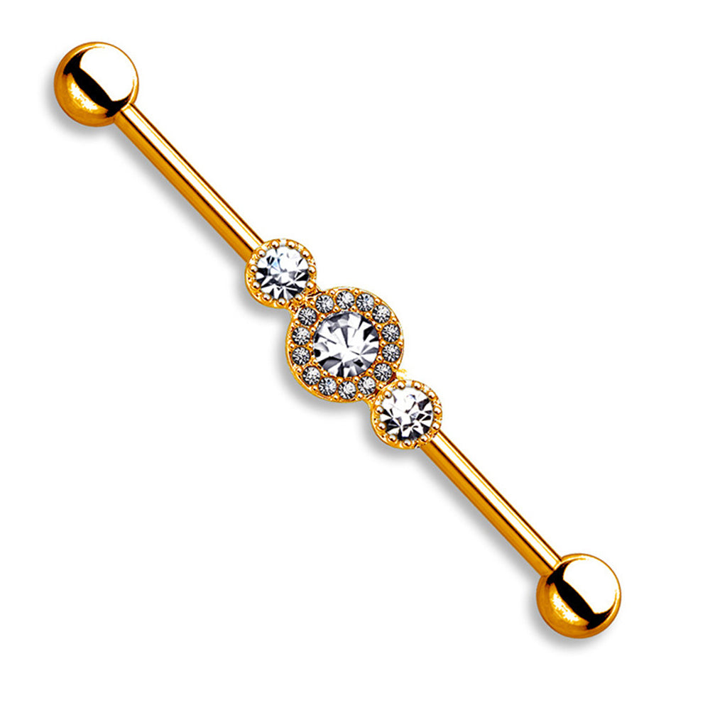 Surgical Steel 14 Gauge Industrial Barbell Gold CZ with Triple Diamond
