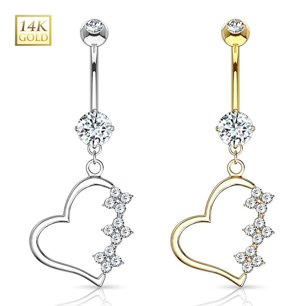 14K Solid Gold 14 Gauge Belly Ring with Triple Flower CZ Heart Dangle