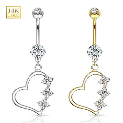 14K Solid Gold 14 Gauge Belly Ring with Triple Flower CZ Heart Dangle