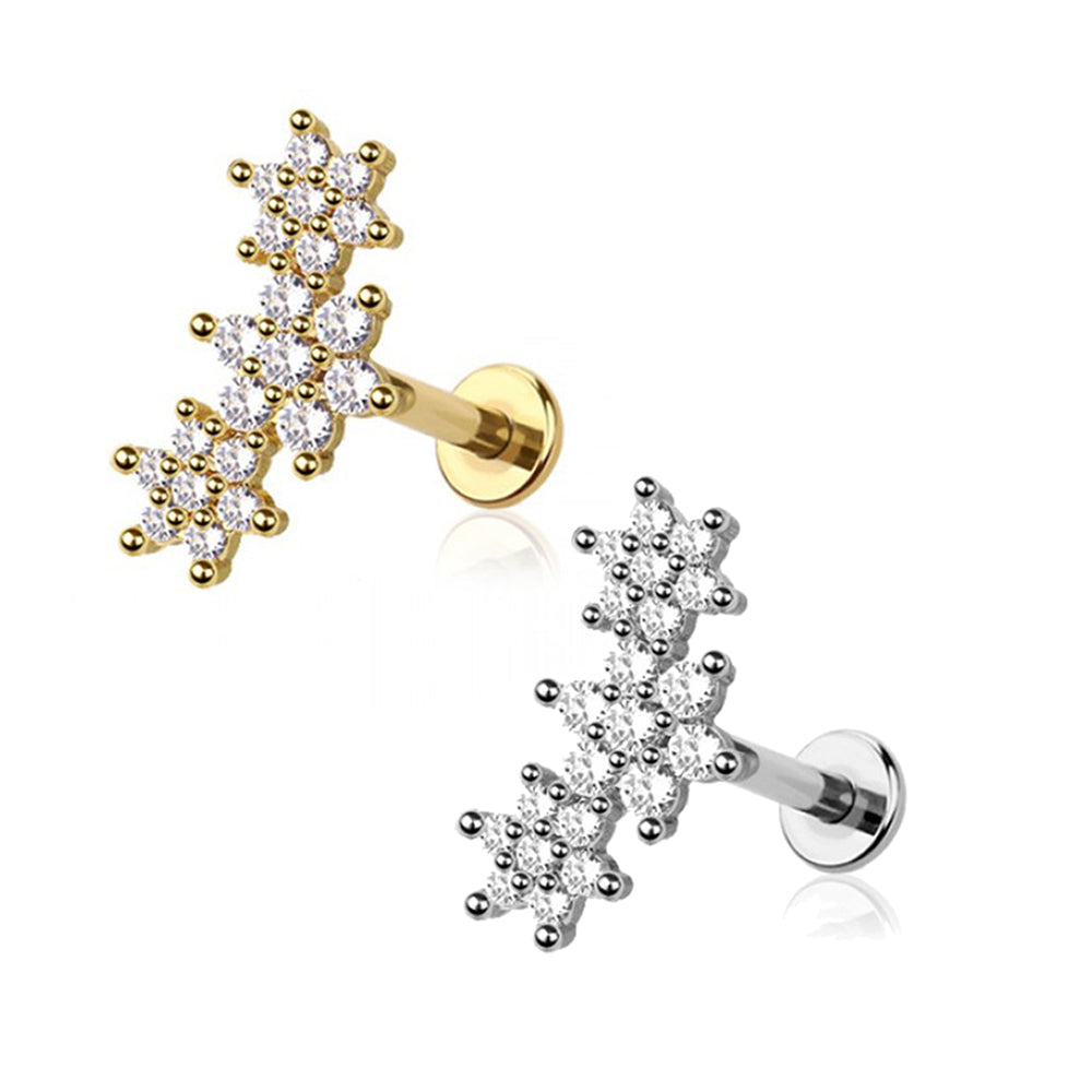 Surgical Steel 16 Gauge Triple Flower CZ Flat Back Labret Stud
