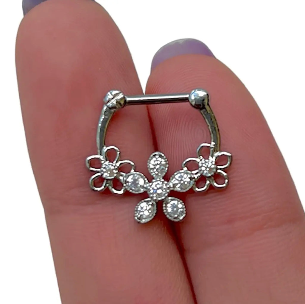 Surgical Steel 16 Gauge Hinged Septum Clicker with CZ Triple Flower - photo 6
