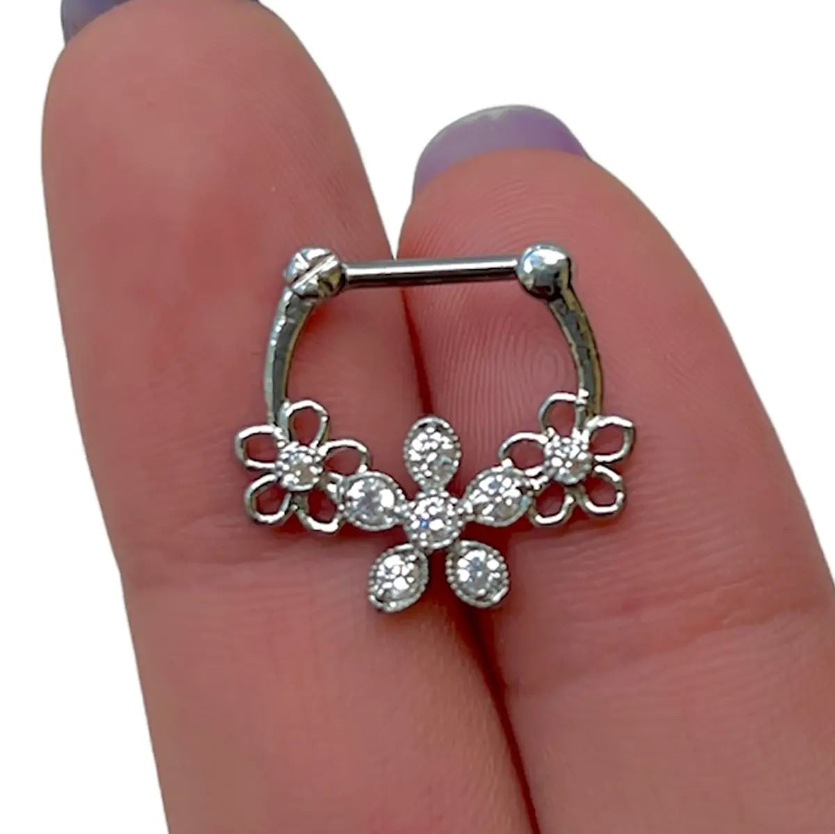 Surgical Steel 16 Gauge Hinged Septum Clicker with CZ Triple Flower - photo 6