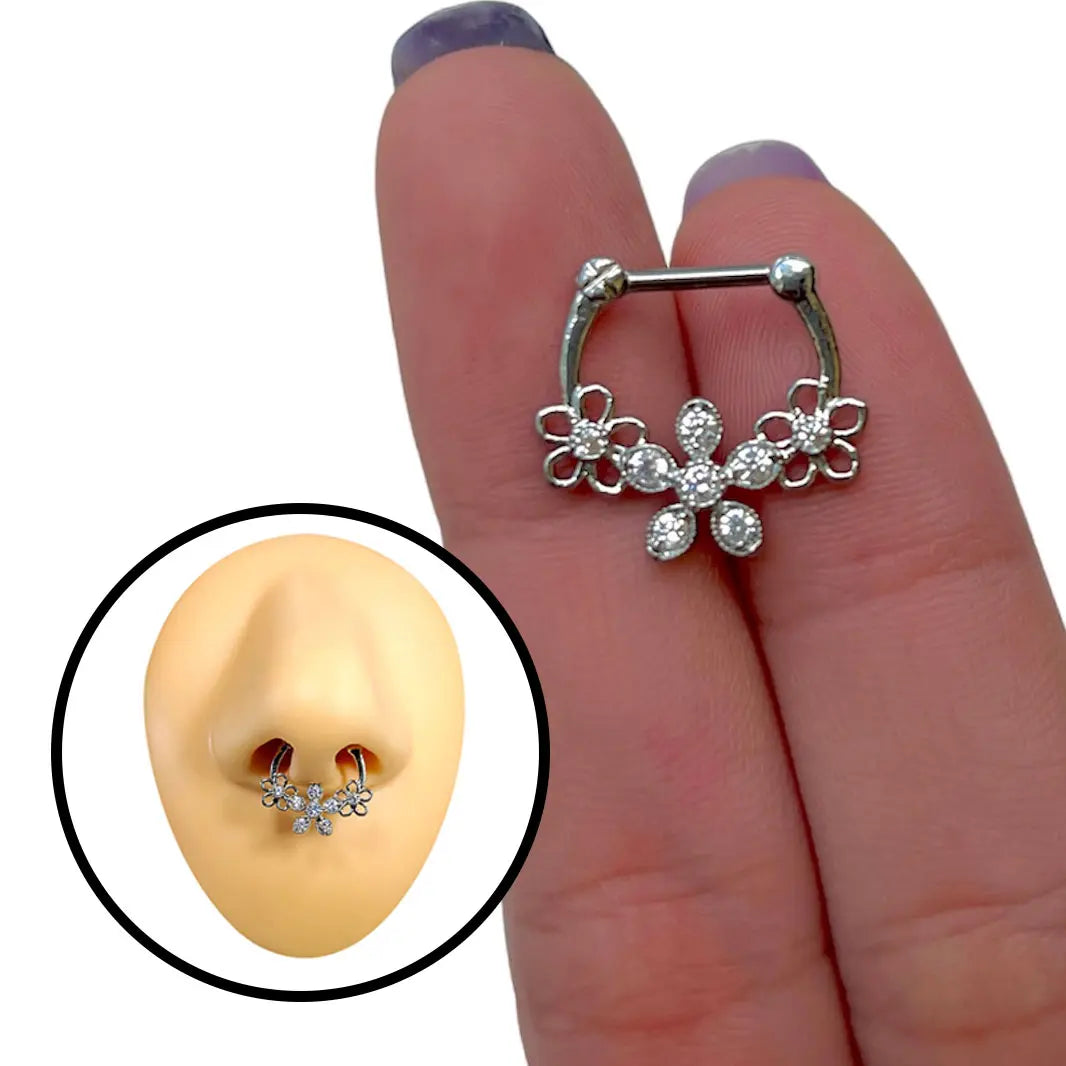 Surgical Steel 16 Gauge Hinged Septum Clicker with CZ Triple Flower