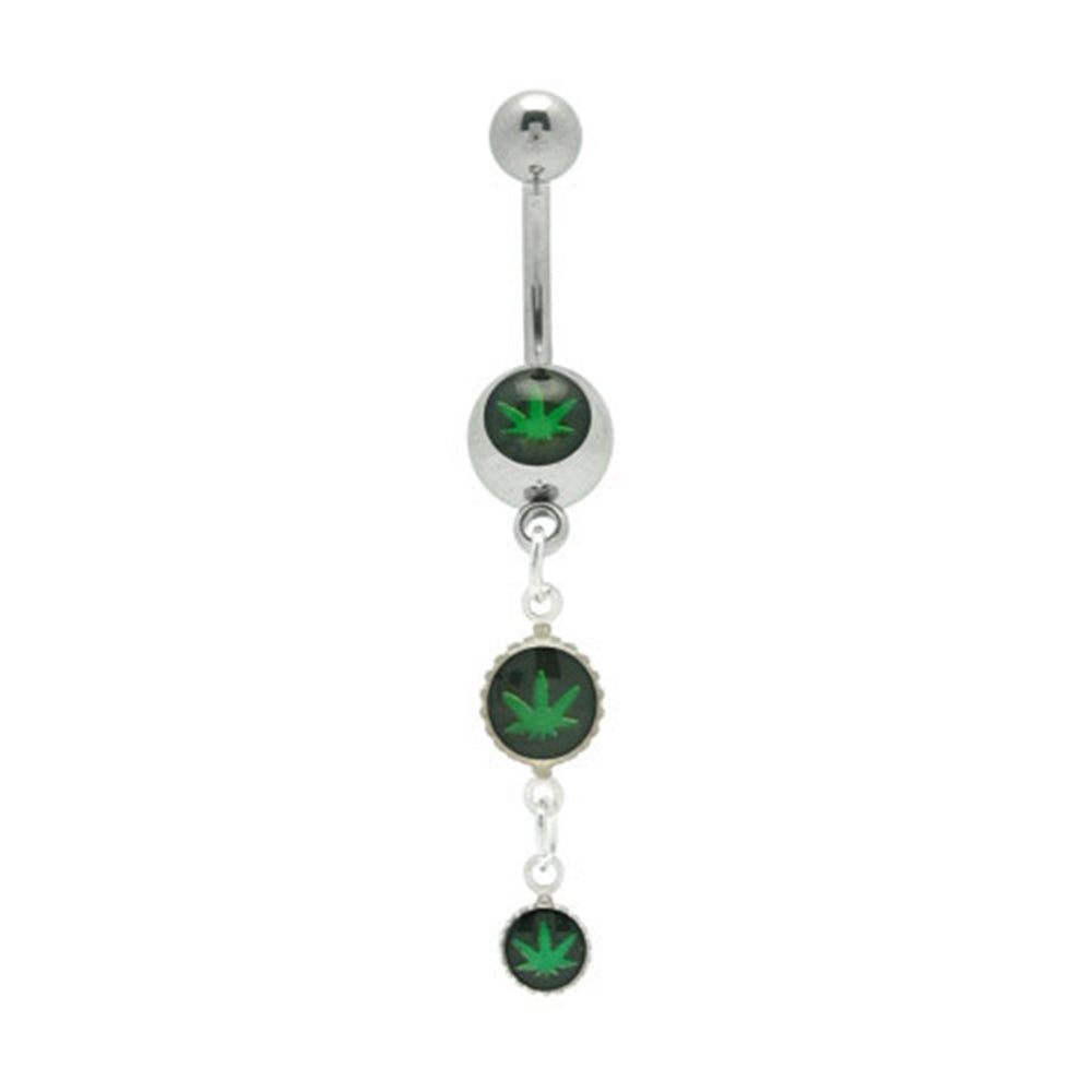 Surgical Steel 14 Gauge Belly Ring with Triple Green Pot Leaf Logo