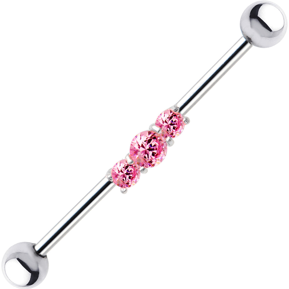 Surgical Steel 14 Gauge Industrial Barbell with Triple Pink CZ