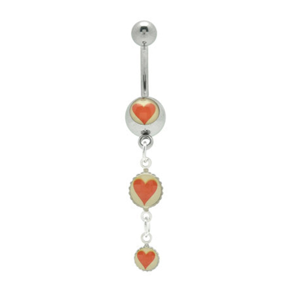 Surgical Steel 14 Gauge Belly Ring with Triple Red Heart Logo
