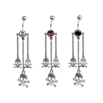Surgical Steel 14 Gauge Belly Ring with Chain Dangle Triple Skull