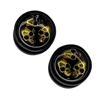Acrylic 5/8 Inch Ear Gauges Plugs Black with Triple Skull - Pair