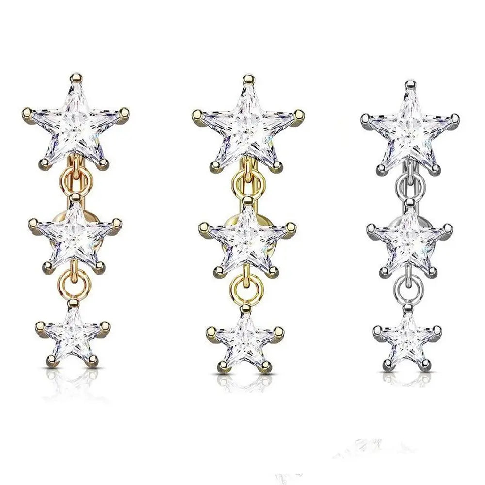 Surgical Steel 14 Gauge Reverse Belly Ring with Triple Star CZ