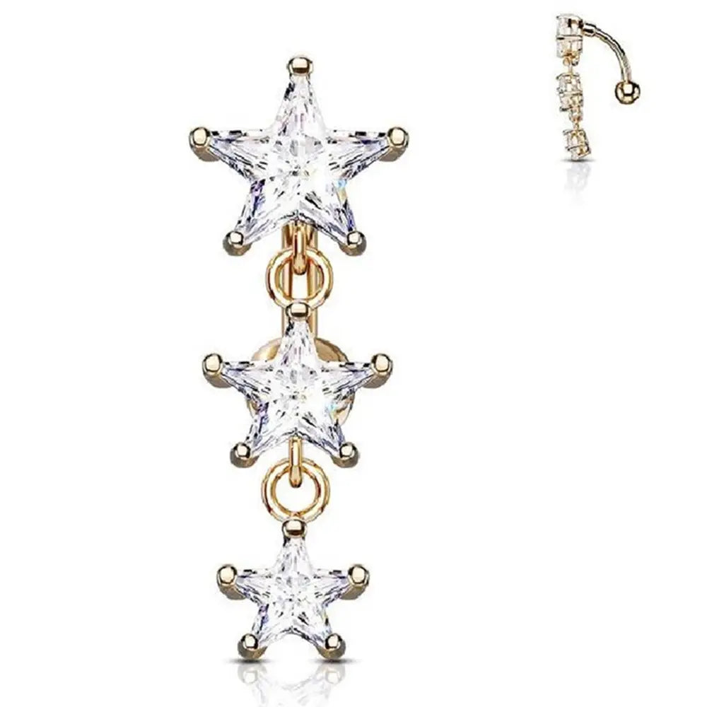 Surgical Steel 14 Gauge Reverse Belly Ring with Triple Star CZ - photo 3