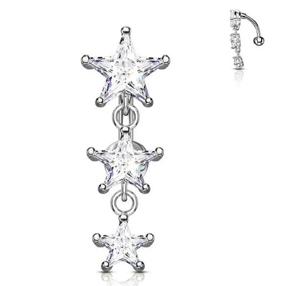 Surgical Steel 14 Gauge Reverse Belly Ring with Triple Star CZ - photo 2