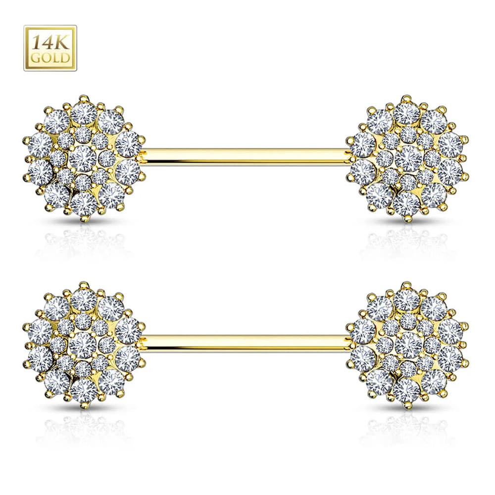 14K Solid Gold 14 Gauge Nipple Barbells with CZ Flower - Pair - photo 4