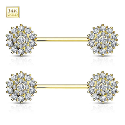 14K Solid Gold 14 Gauge Nipple Barbells with CZ Flower - Pair - photo 4