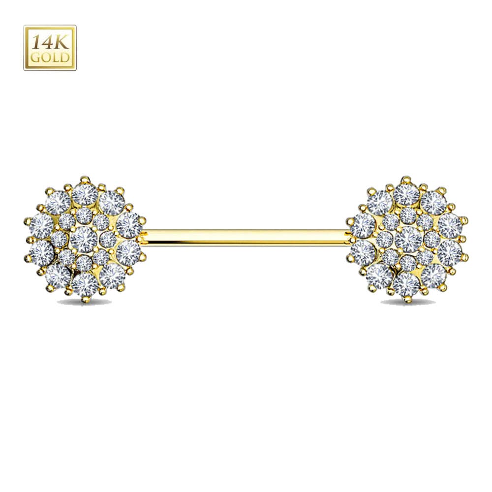 14K Solid Gold 14 Gauge Nipple Barbells with CZ Flower - Pair - photo 3