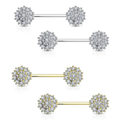 14K Solid Gold 14 Gauge Nipple Barbells with CZ Flower - Pair