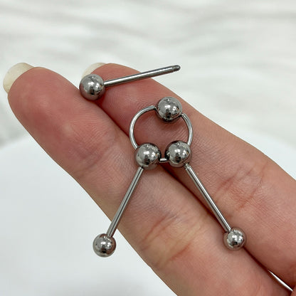 Surgical Steel Triple Way Pierced Industrial Barbell 14G 12mm to 18mm - photo 3