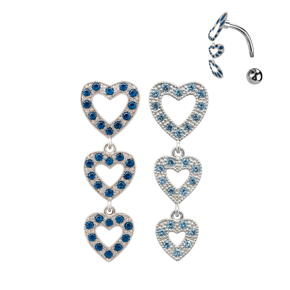 Surgical Steel 14 Gauge Belly Ring with Dangle Triple Heart Paved CZ