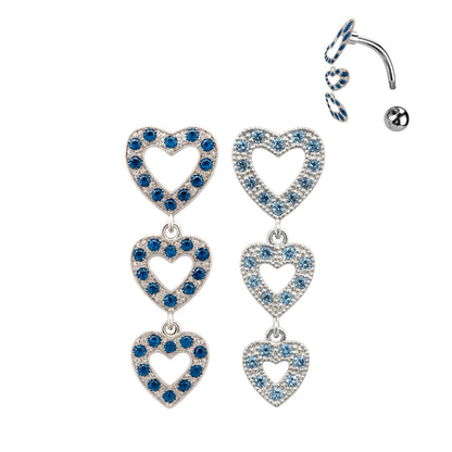Surgical Steel 14 Gauge Belly Ring with Dangle Triple Heart Paved CZ