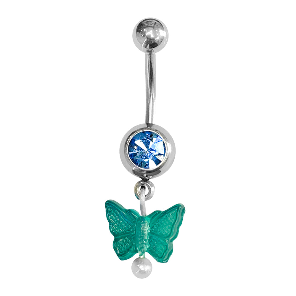 Surgical Steel 14 Gauge Belly Ring with CZ Butterfly Acrylic Dangling - photo 4