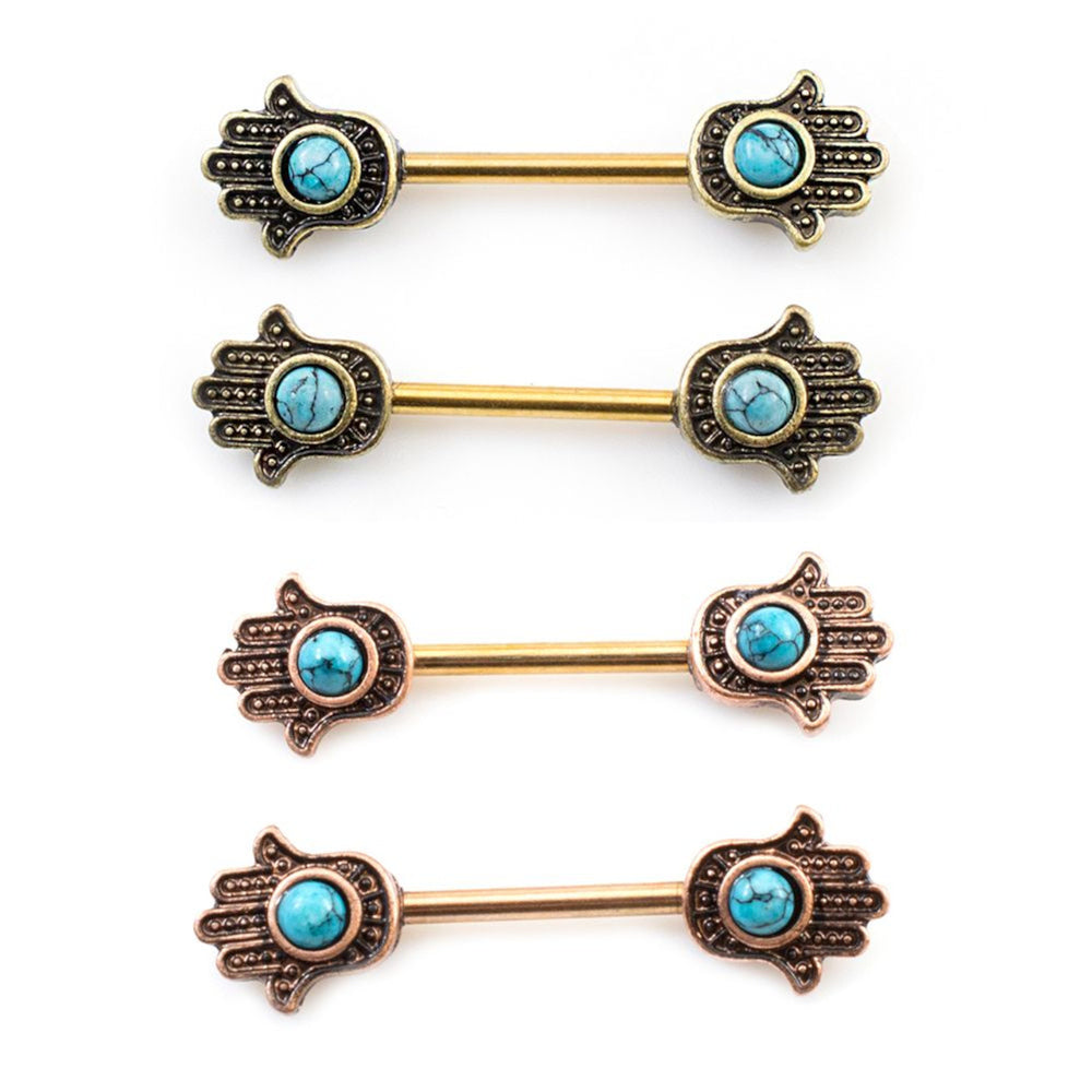 Surgical Steel Nipple Barbells with Turquoise Hamsa Hand - Pair