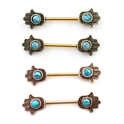 Surgical Steel Nipple Barbells with Turquoise Hamsa Hand - Pair