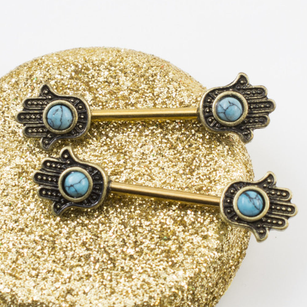 Surgical Steel Nipple Barbells with Turquoise Hamsa Hand - Pair - photo 2