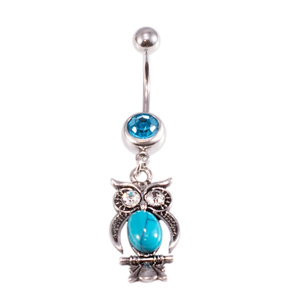 Surgical Steel 14 Gauge Belly Ring with Dangle Owl Turquoise Stone