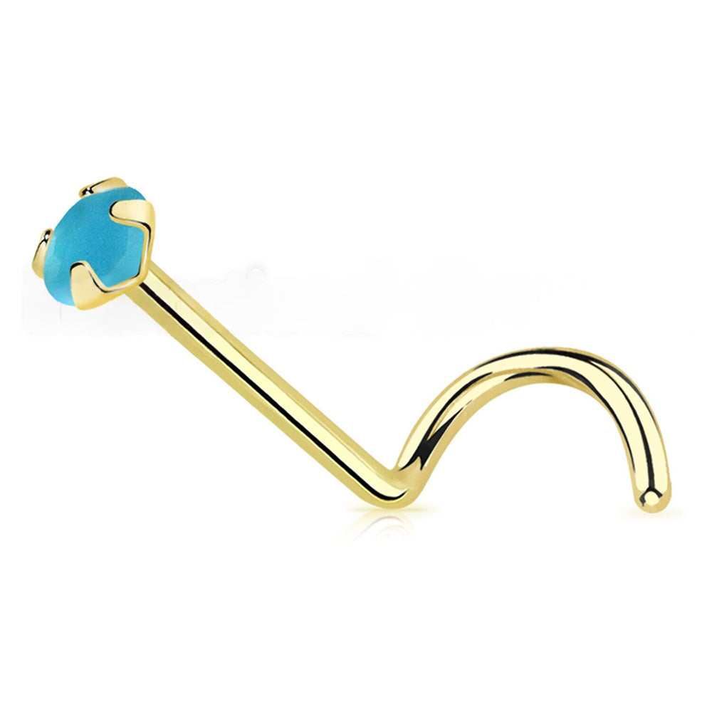 14 Karat Solid Gold 22 Gauge Nose Ring Screw with CZ Gem