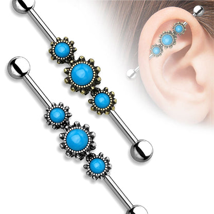 Surgical Steel 14 Gauge Industrial Barbell with Triple Turquoise