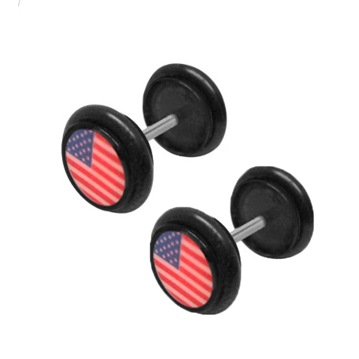 Acrylic 16 Gauge Fake Ear Gauges Plugs Black with USA Flag - Pair