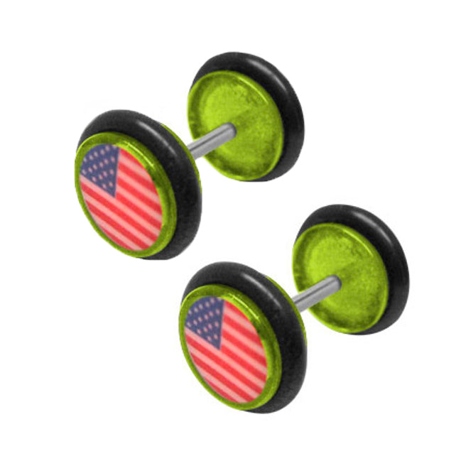 Acrylic 16 Gauge Green Fake Plugs with USA Flag - Pair