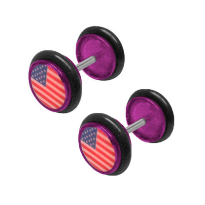 Purple Acrylic 16 Gauge Fake Ear Plugs with USA Flag - Pair