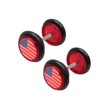 Red Acrylic 16 Gauge Fake Plugs with USA Flag - Pair