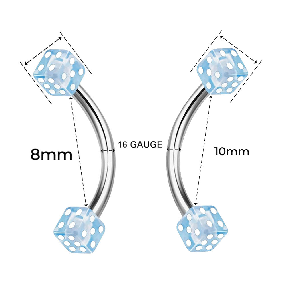 Surgical Steel Curved Barbell 16G with UV Acrylic Dice - 10 Colors - photo 2