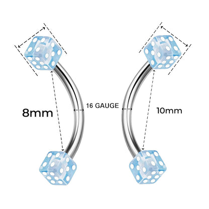 Surgical Steel Curved Barbell 16G with UV Acrylic Dice - 10 Colors - photo 2