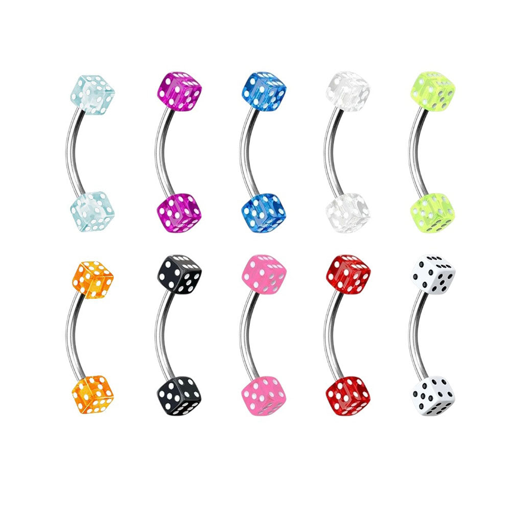 Surgical Steel Curved Barbell 16G with UV Acrylic Dice - 10 Colors