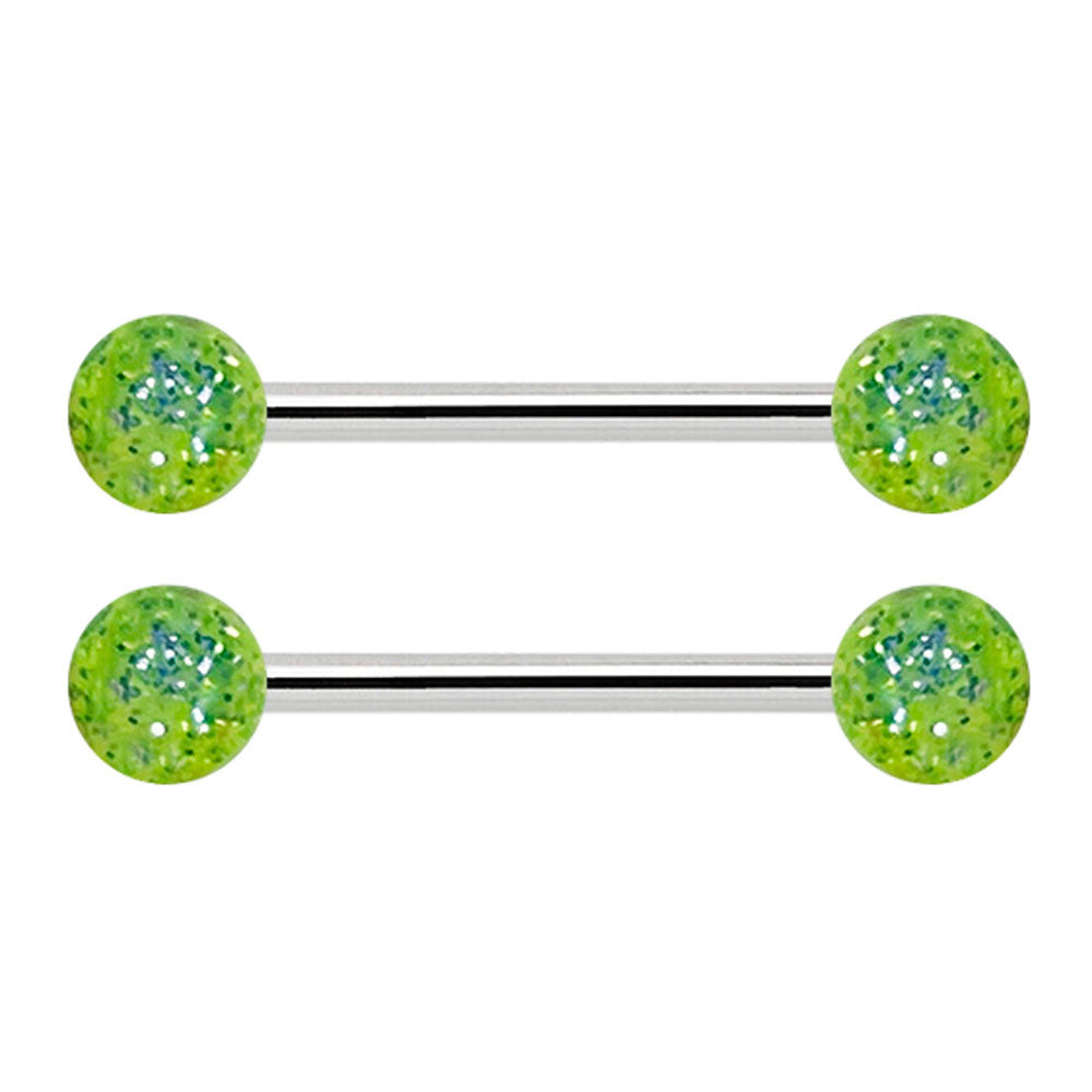 Surgical Steel Nipple Barbell 14G 14mm with Green Glitter Balls - Pair - photo 3