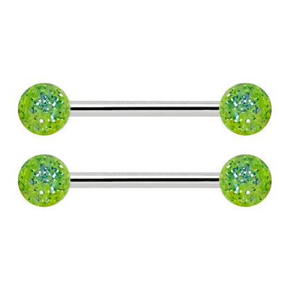 Surgical Steel Nipple Barbell 14G 14mm with Green Glitter Balls - Pair - photo 3