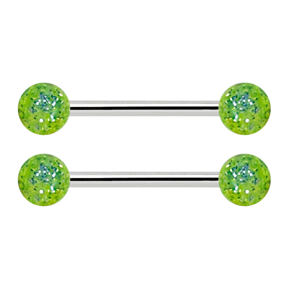 Titanium Nipple Barbell 14G 14mm with Green Glitter Balls - Pair
