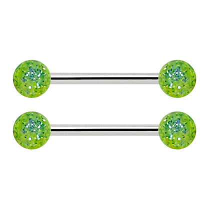 Titanium Nipple Barbell 14G 14mm with Green Glitter Balls - Pair