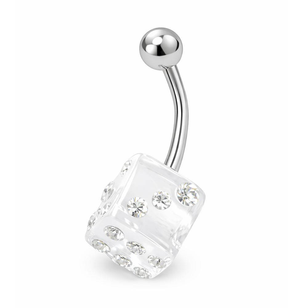 Surgical Steel 14 Gauge Belly Ring with Clear UV Acrylic Dice