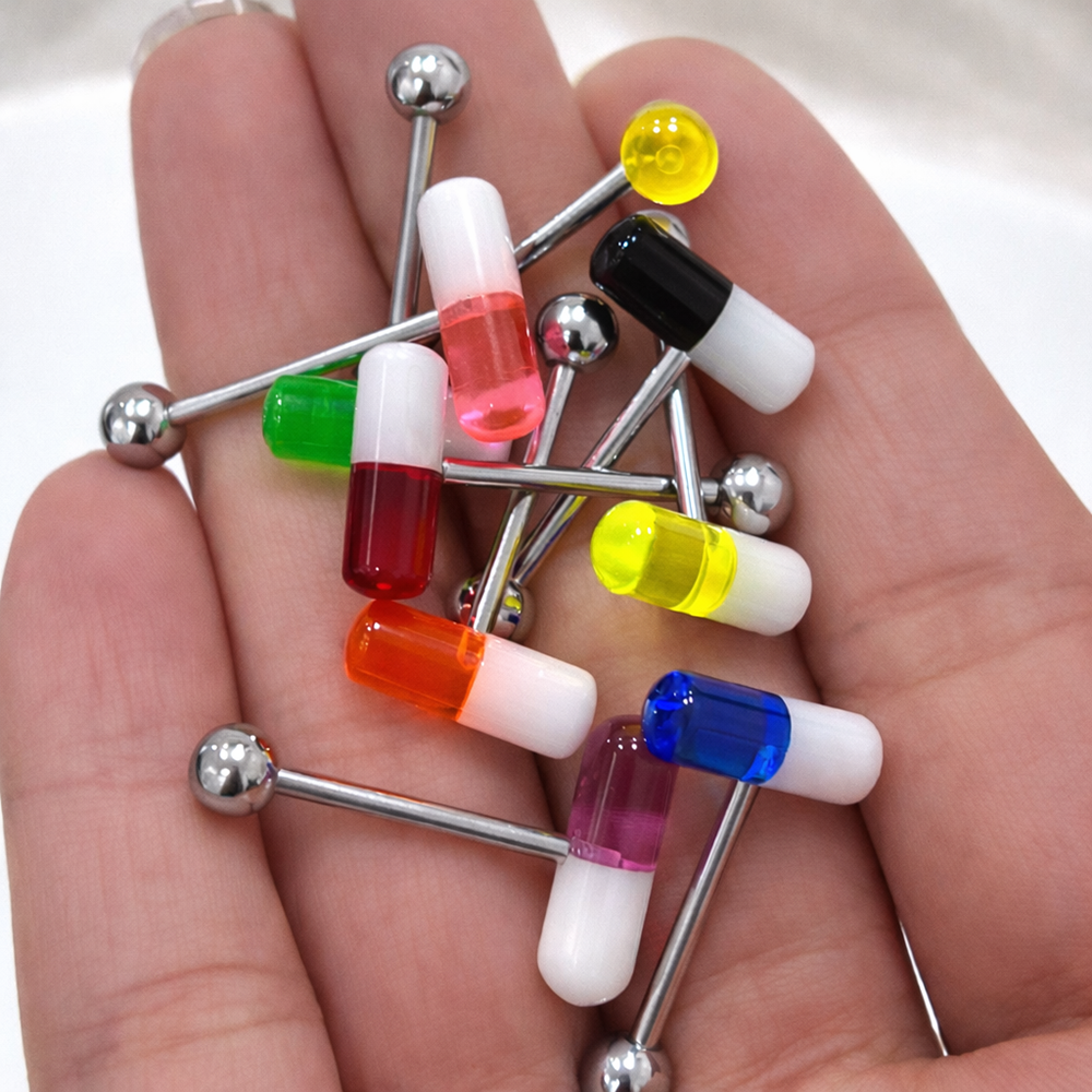 Surgical Steel 14 Gauge Tongue Barbell with UV Glow Acrylic Pill - photo 4