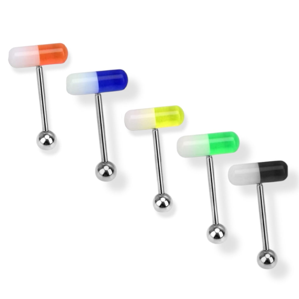 Surgical Steel 14 Gauge Tongue Barbell with UV Glow Acrylic Pill Ends
