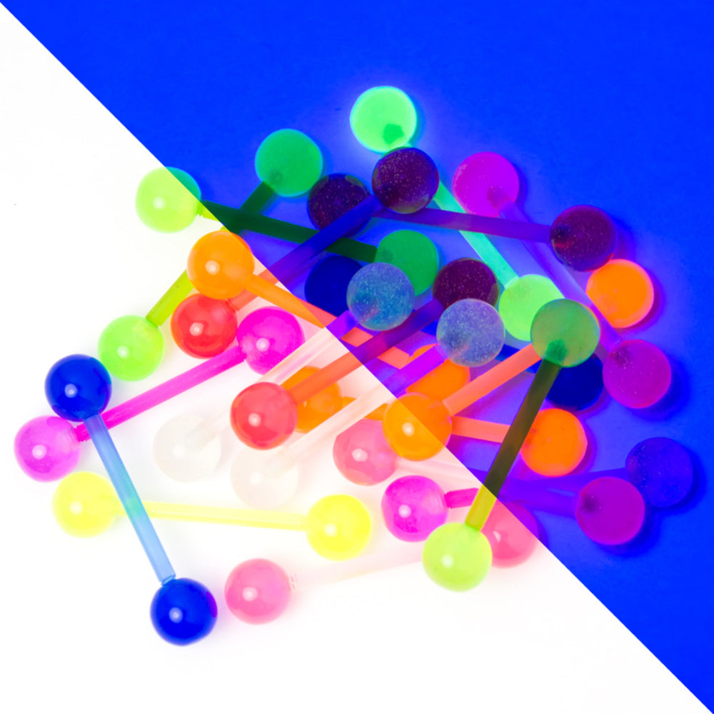 Bioflex Acrylic UV Glow Straight Barbells 14 Gauge 16mm - 20 Pack