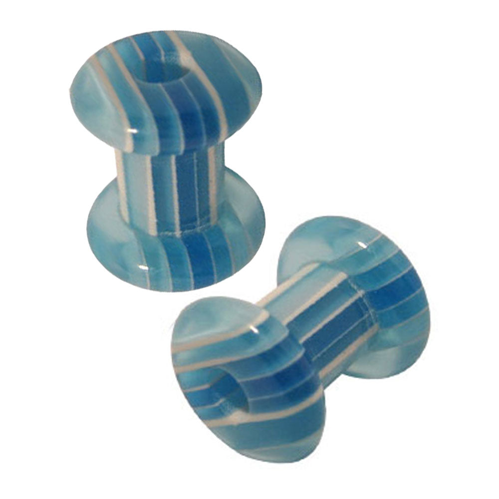 Acrylic 2 Gauge Ear Plugs with UV Light Blue Marble Stripes - Pair