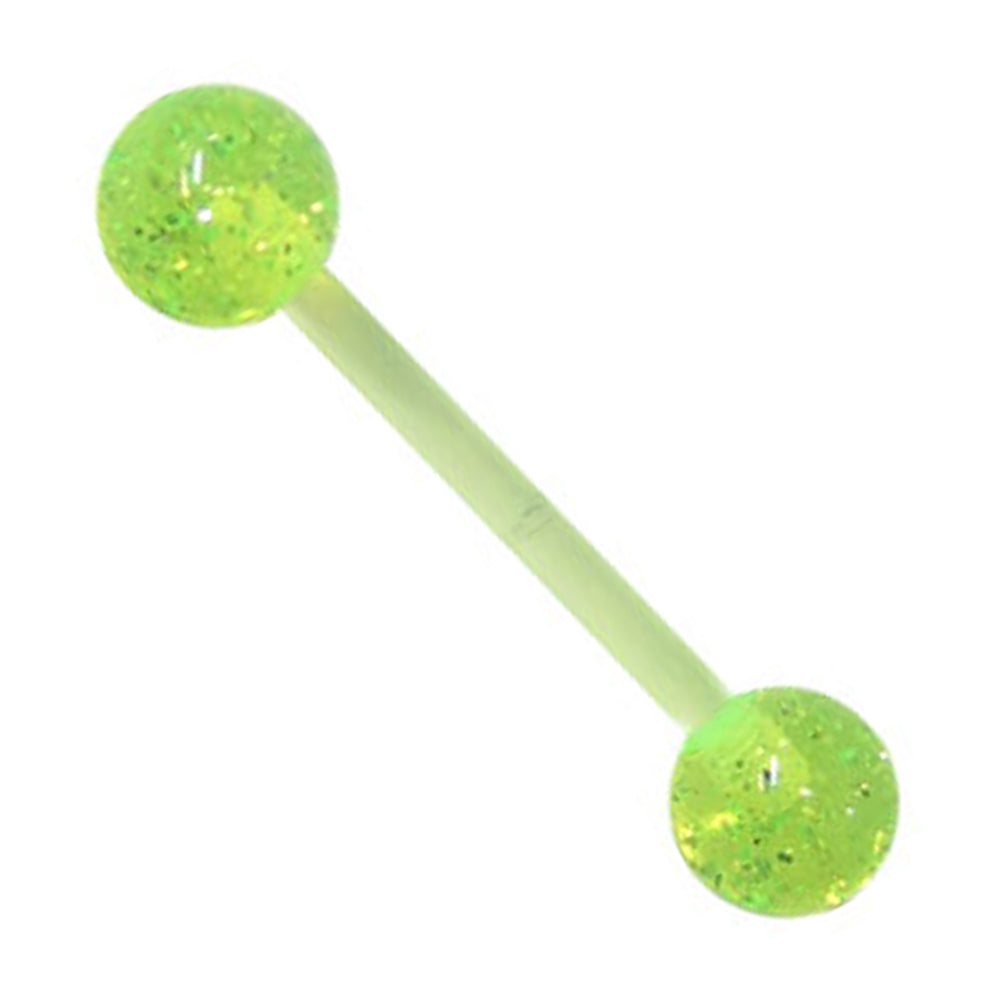 Acrylic 14 Gauge Straight Barbell with UV Green Glitter Ball