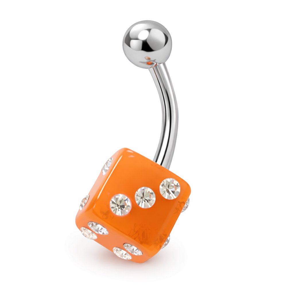 Surgical Steel 14 Gauge Belly Ring with Orange Acrylic UV Dice
